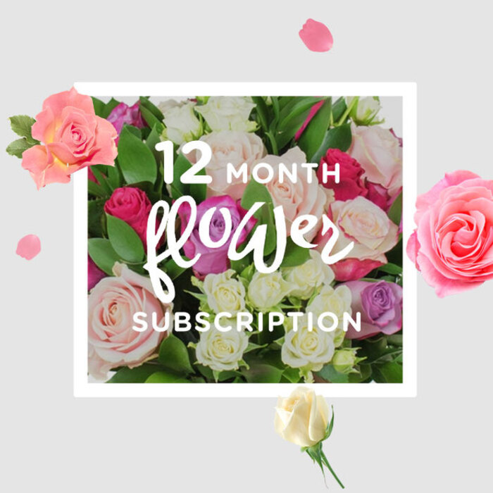 This image captures the essence of a 12-month rose subscription as a single, abundant bouquet, imagined through the eyes of a seasoned Queensbury florist who loves working with subtle colour. At the centre, a rounded mass of roses in blush pink, soft ivory, champagne cream, dusty lilac, and vivid raspberry is tightly gathered, each flower overlapping the next so that no stem is visible, only a sea of petals. The blooms range from just-opening buds to fully expanded rosettes, giving the arrangement a sense of time unfolding, rather like watching the changing light over Queensbury's residential streets from morning to evening. Deep green foliage provides a lush base, with glossy leaves weaving between the blossoms and adding depth and structure, reminiscent of the mature trees you might see around Queensbury Park. The lighting is warm and diffused, highlighting the delicate curvature of each petal and casting the faintest shadows, making the bouquet appear almost three-dimensional against the soft, neutral background. Around the central bouquet, individual rose petals and a few detached blossoms seem to float and tumble as if caught in a gentle breeze, symbolising the quiet excitement of each new monthly delivery arriving at a doorstep near Honeypot Lane or Beverley Drive. The overall mood is calm yet celebratory, perfectly suited for any-occasion gifting across Queensbury, from anniversaries and promotions to simple gestures of ongoing care. You can almost feel the cool, velvety texture of the petals and breathe in a layered fragrance of fresh roses-honeyed, slightly spicy, and undeniably comforting, month after month.