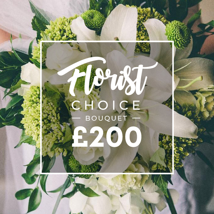 An elegant hand-tied bouquet dominated by white lilies and vibrant lime-green clusters, set against a backdrop of rich, dark foliage, this is the Florist Choice Bouquet as interpreted by our Queensbury shop. The large white lilies rise with a stately grace, their petals curling softly, while clusters of white, multi-petaled blooms-perhaps ranunculus or spray roses-add airy volume and delicate texture. The lime-green elements form a bright, almost architectural lattice through the arrangement, reminiscent of Green Trick dianthus or hydrangea varieties, giving a lively modern edge to the classic palette. The greenery-eucalyptus and ruscus-winds through the stems, creating depth and a natural frame that anchors the bouquet. The piece is held by a person, with a pale ensemble visible in the blurred upper background, suggesting its suitability for weddings or grand events. At the center, a white rectangular frame projects a promotional label reading Florist Choice Bouquet, with the price £200 clearly displayed beneath in bold type. Delivered with care, this premium arrangement is available for same-day delivery across Queensbury and nearby districts, making it a thoughtful gift for anniversaries, milestones, or celebrations that call for quiet, confident elegance.