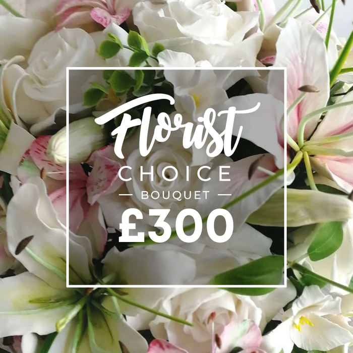 An opulent, densely packed bouquet fills the entire frame, a classical combination of white roses and white lilies with pink-tinged stripes on some petals and brown anthers adding sophistication. Interwoven with these are pale pink accents and airy clusters of smaller blooms, while lush eucalyptus and other green foliage provide a misty green backdrop. The composition reads as a premium, hand-tied creation, the kind a Queensbury florist would present on their best day. A white rectangular box with a thin border sits at the center, announcing the product: Florist in a graceful script, CHOICE BOUQUET in uppercase sans, and the price ?300 in bold white text. The scene radiates luxury, care, and thoughtful design, suggesting a bespoke arrangement crafted for a special occasion. For customers in Queensbury seeking a meaningful gift or a striking centerpiece, this bouquet is ideal for anniversaries, milestone celebrations, or heartfelt sympathy, and can be delivered with same-day service across the local area. The overall mood is serene and refined, the contrast of white blooms against soft greens creating a timeless elegance that resonates with the season's light and mood.