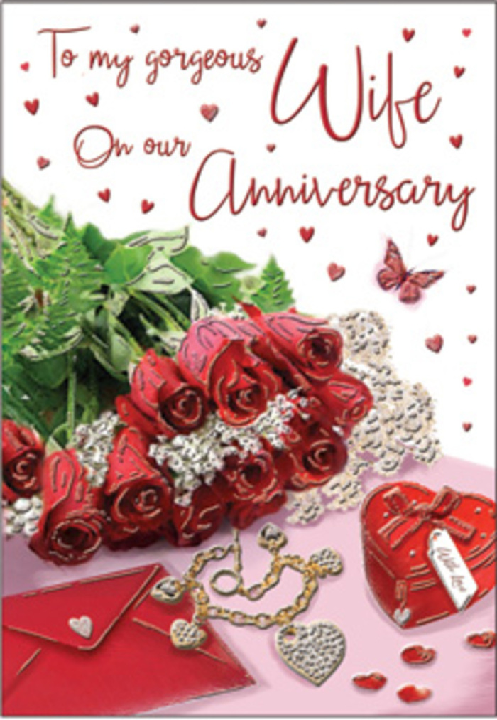 In this romantic anniversary card illustration, a lush bouquet of classic red roses takes centre stage, arranged with the kind of care you might expect from a seasoned Queensbury florist. Each rose is luxuriously full, with deep crimson petals overlapping in perfect spirals, their edges softly highlighted as though brushed by natural daylight. Wrapping around the bouquet is a collar of fresh, vibrant greenery, the leaves adding texture and a sense of natural abundance. The flowers rest beside a discreetly placed envelope, suggesting a handwritten message that has travelled perhaps from one side of Queensbury to the other, from one devoted heart to another. Nearby, a vivid red keepsake box and a matching jewellery set glimmer gently, their metallic surfaces reflecting tiny points of light that echo the warmth of gold and the romance of cherished anniversaries. Scattered heart motifs, some delicate and lace-like, others bolder and more graphic, weave through the composition, enhancing the feeling of intimacy and celebration. The surface beneath has a subtle sheen, hinting at satin or polished card, while the surrounding space remains softly blurred so that the eye keeps returning to the roses and their meaning. The script on the card flows in an elegant, cursive style, adding a human touch, as if carefully written on a quiet evening after a stroll through local streets around Kingsbury Circle. Everything in this image-from the plush textures to the rich palette of reds and soft blush tones-evokes a warm embrace, making it ideal for marking milestone years of partnership, loyalty, and shared memories in Queensbury.