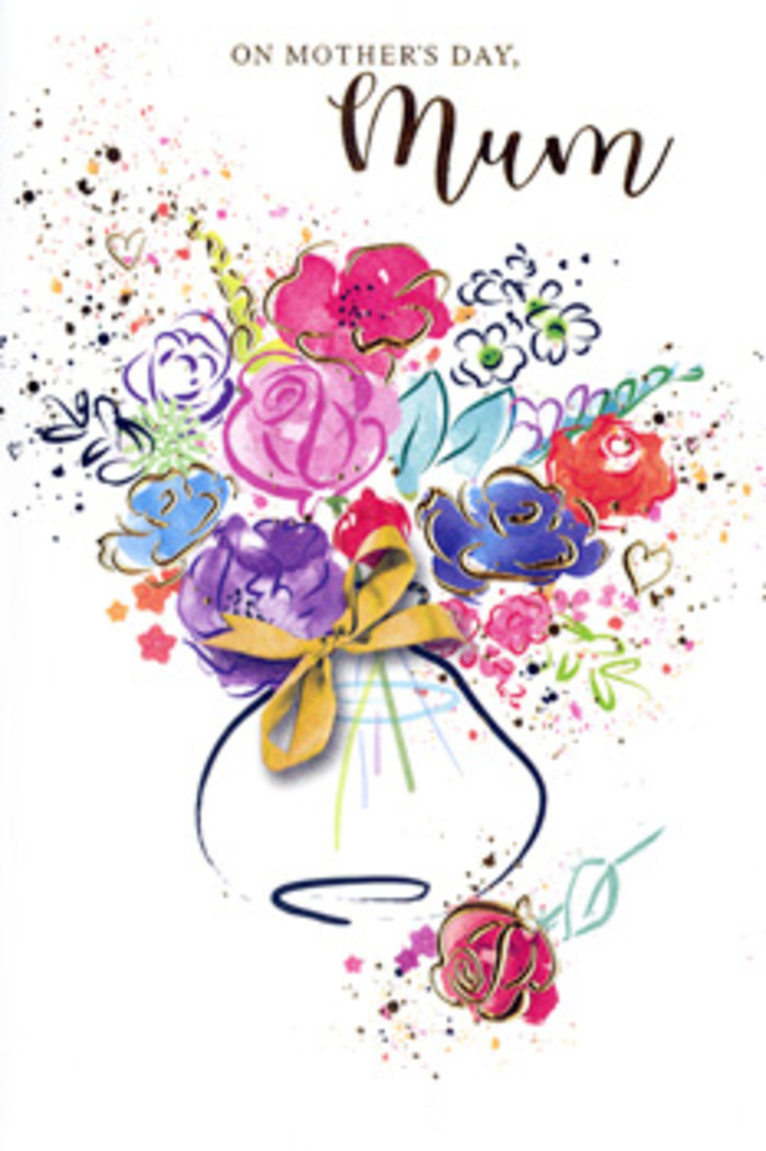 Expressive Mother's Day card design showing a lively, abstract-style bouquet painted in loose, joyful watercolour strokes, as though a Queensbury florist has turned a favourite seasonal arrangement into art. The central cluster of flowers glows with hot pink, cerise, and magenta tones, brushed in rounded, overlapping shapes that suggest layered petals opening in full bloom. Around them, cooler notes of indigo, cobalt, and soft lilac weave in and out, adding depth and calm, like distant flowerbeds seen on a hazy afternoon near Kingsbury Road. Here and there, hints of apricot and fresh green peek through, whispering of new growth and spring's arrival. Fine golden lines skim along the edges of petals and leaves, catching curves and contours with delicate precision, while tiny specks and splashes of gold scatter outward like celebratory confetti. The bouquet rests in a loosely outlined vase, its form traced with soft, curving strokes and finished with a slim golden bow that suggests the careful ribbon-tying you'd expect from Flower Delivery Queensbury. Around the edges of the illustration, colourful splatters and small heart motifs hover, echoing the warmth of shared stories and quiet cups of tea between mother and child. The background remains mostly white and uncluttered, giving those vivid florals room to glow and breathe. Together, the colours, textures, and fluid lines create a painted bouquet that feels both spontaneous and deeply considered, perfectly suited to carrying a heartfelt Mother's Day message anywhere across Queensbury and the nearby neighbourhoods.