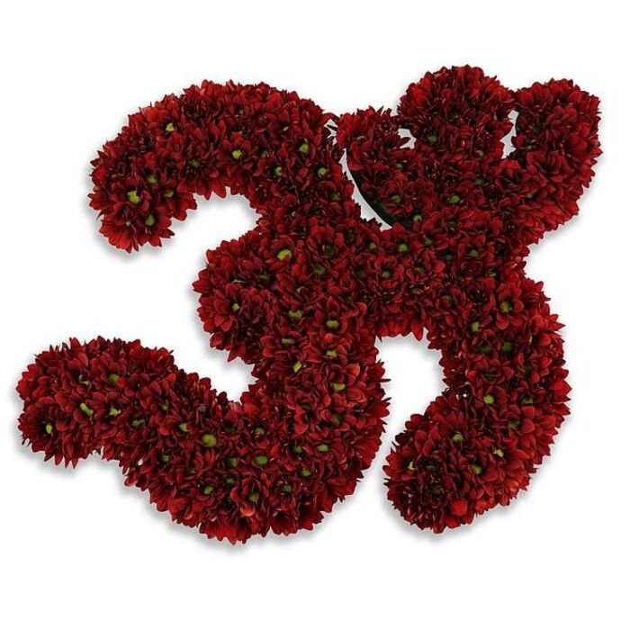 A striking floral figure of the number 33, rendered from a tightly packed mosaic of small, deep burgundy and crimson button chrysanthemums or similar asters, sits boldly against a pristine white background. The craftsmanship is evident in the way each small blossom has been positioned so petals overlap and blend into a plush, velvety surface; from a short distance the two threes read as singular, sculptural forms, while up close the eye tracks the rhythm of individual petals and the occasional bright green eye that breaks the red with a fresh pinpoint of contrast. The lighting is even and soft, casting a gentle diffused grey shadow beneath the numerals that gives them a slight floating effect and a real sense of depth. Texture is the dominant quality here: the tactile impression of petals, the tiny pockets of shadow between blooms, and the firm outline created by careful trimming and massing. The effect is versatile-equally suited to marking a 33rd birthday in a Queensbury home, highlighting an anniversary at a local community hall, or serving as a dignified numeric tribute at a memorial service. A faint floral-vegetal scent suggests the flowers are freshly conditioned, the stems recently hydrated, which underlines the workmanship and timeliness of delivery. From the perspective of a neighbourhood florist, this pared-back, exacting number feels practical yet artful, a clear visual statement that communicates milestone and meaning without flourish.