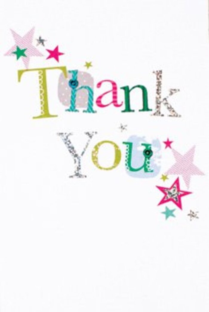With a subtle exuberance perfectly matched to Queensbury's welcoming atmosphere, this thank you card exudes a refined sense of thanks. Every letter in 'Thank You' boasts its own character; some soar with playful curves and bright spots, while others are delicately outlined in silver or highlighted with intricate stitched flourishes. The lively palette-featuring sunny yellows, deep fuchsias, and breezy blues-reflects the vibrant displays found in local flower shops near Roe Green Park. Small stars cluster thoughtfully around the message in an array of vivid pinks, radiant teals, and glistening silvers, giving the composition an animated touch, like a gentle shower of confetti at a neighbourhood celebration. Set against an immaculate white backdrop, the whole card feels light and modern, with enough space for every creative element to breathe. The tactile texture invites you to pause and appreciate the craft, much like admiring a perfectly balanced bouquet carefully put together by Queensbury florists. This card's understated sophistication means it complements any bouquet-ideal for those moments when you want to share gratitude that lingers, much like the memory of a beautiful walk through Queensbury's green spaces or a heartfelt encounter with a neighbour.
