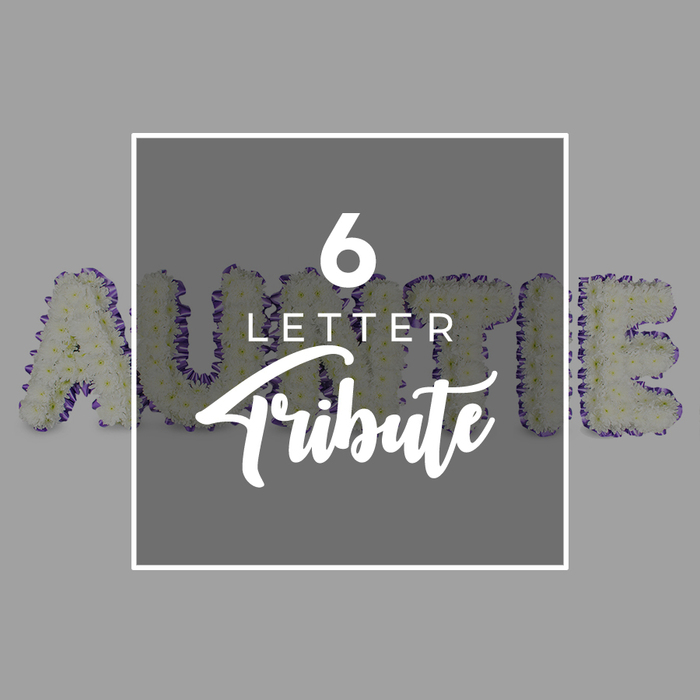 Poignant and understated, this six-letter tribute balances loss with gratitude. The letters AUNTIE are formed from generous clusters of white chrysanthemums, their petals soft and luminous against a cool gray backdrop. A narrow purple border traces each silhouette, lending color and definition to the cloudlike mass. The composition feels timeless, a testament to memory kept close and the quiet power of remembrance in a quiet room.
The center holds a square white frame, inside which 6 LETTER is presented in white text with a modern sans-serif for LETTER and a sweeping script for Tribute. The contrast between the bold geometry and the fluid script mirrors the range of emotions-respect, love, and farewell-that such tributes express. It is a design that reads as both artful and intimate, crafted to honor a beloved Auntie with dignity.
In Queensbury, this bespoke arrangement is a familiar sight at ceremonies, displayed to bring warmth to grief and a sense of connection. It is available for local delivery across Queensbury and nearby communities, ensuring families can arrange a thoughtful memorial even on tight timelines. The white blooms carry a clean, healing scent, while the purple edging provides a personal touch that marks the piece as a unique, heartfelt tribute.