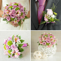 This four-part collage captures a cohesive wedding flower story in soft pinks, lilacs, and fresh spring greens, as though styled for an intimate ceremony in Queensbury. In the top-left frame, a bride in a delicately detailed white lace dress is seen from the waist down, her hands gently holding a rounded bouquet brimming with light pink and lavender roses, each bloom at a slightly different stage of opening. Bright lime-green button chrysanthemums pop between the roses, while blush alstroemeria with tiny golden freckles and airy sprays of white baby's breath add lightness and movement. The upper-right frame zooms in on a groom's charcoal-grey suit and rich fuchsia tie, where a finely crafted boutonniere is pinned to the lapel. It features a single blush rosebud, green button chrysanthemums, feathery gypsophila, and slim strands of decorative green grass, all carefully wrapped with a narrow pink ribbon that quietly ties it back to the bridal bouquet. The lower-left panel displays a similar hand-tied bouquet, possibly for a bridesmaid, set horizontally on a pale beige, linen-like fabric. Here the same palette of roses, chrysanthemums, alstroemeria, and baby's breath is shown in close detail, with the fuchsia satin ribbon binding the stems into a neat, tactile handle. In the lower-right frame, a low, rounded centerpiece echoes the bridal flowers, gathered tightly into a white, woven-look spherical vase and placed on a clean white surface alongside two neutral decorative spheres. Together the images suggest a thoughtfully coordinated wedding, the kind of design a local Queensbury florist might create for a reception near Honeypot Lane or along Church Lane.