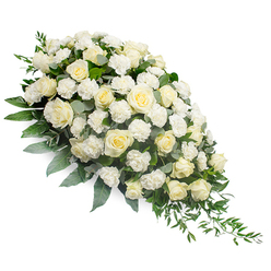 Against a clean white backdrop, a luxurious white funeral spray stretches diagonally from upper left to lower right, forming a graceful crescent that recalls a tear gently falling. The arrangement is rich with white and soft cream roses, their blooms at different stages of opening: some tight and full of promise, others wide and cupped, revealing intricate spirals of petals that seem almost luminous. Between these classic roses nestle clusters of fluffy white carnations, their ruffled heads adding a plush, almost quilted texture that softens the overall silhouette. The flowers rest upon a bed of layered foliage, where broad, silvery eucalyptus leaves mingle with darker, glossy greens. Slender ruscus strands extend beyond the mass of blooms, particularly along the tapering right-hand edge, creating a flowing, trailing movement that guides the eye along the length of the spray. The palette is intentionally restrained-white, cream, and varied greens-evoking purity, calm, and a quiet reverence. Imagining this piece in a Queensbury setting, it could easily be pictured resting near a chapel lectern or beside a framed photograph during a memorial service along Church Lane or near the local cemetery. The arrangement itself feels contemplative, as though designed for moments of silence and shared memories. Crafted with the sensitivity of a florist familiar with local families' traditions, this spray would be chosen to offer comfort, acknowledge deep loss, and honour a life with understated beauty and respect, its fresh fragrance and soft textures bringing a measure of peace to a difficult day.