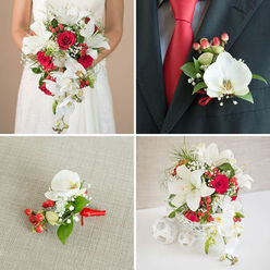 This elegant quad of images presents a fully coordinated wedding floral concept - a harmonious palette of pure white, passionate red and deep green that reads beautifully from altar to table. In the top-left frame a bride holds a generously cascading bouquet against a soft beige background; white lilies open like small stars beside rich red roses and multiple phalaenopsis orchids that tumble downward, threaded with bright red hypericum berries, tiny white Gypsophila and varied green foliage. The lace on her bodice and the bouquet's satin ribbons catch a soft, diffused light, suggesting an early afternoon ceremony near Queensbury Tube or a reception by the green spaces of nearby Wembley. The top-right close-up shows the groom's boutonniere pinned to charcoal-grey suiting: a solitary white orchid anchors two clusters of red berries, a swathe of baby's breath and neat greenery, finished with a neat loop of red ribbon that mirrors his vivid tie. The lower-left pane offers a calm, tactile study of the corsage laid on textured linen - you can almost feel the orchid's satiny petals, the smooth, waxy berries and the whisper of baby's-breath against skin. The lower-right panel reveals a striking table centerpiece in a white woven vase, set on a clean white surface beside spherical white accents; it repeats the bouquet's composition so the overall event language remains cohesive. As a Queensbury florist I imagine these pieces arriving fresh the morning of the wedding; Flower Delivery Queensbury can deliver locally with careful handling so the fragrant mix of rose and lily greets guests at both church and reception.