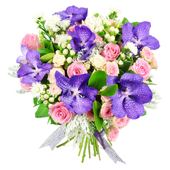 Set against a crisp white backdrop, this hand-crafted bouquet feels like a little piece of modern floral art designed for a special moment in Queensbury. Deep violet and blue-purple Vanda orchids take centre stage, their broad petals patterned with fine speckles and delicate veins that create a sense of movement and depth, much like the dappled light you might notice walking through nearby Kingsbury's green spaces. Encircling these tropical beauties are layers of soft pink roses, some still cupped in tight buds, others just beginning to unfurl, and a few fully open with ruffled petals that suggest warmth, affection, and a hint of old-world romance. Creamy white spray roses are tucked in throughout, their smaller blooms adding volume and a gentle glow that lifts the entire composition. Scattered between the roses and orchids are clusters of tiny white, starry flowers and pristine white hypericum berries, their rounded shapes and smooth surfaces giving the eye a place to rest. Silvery, velvety dusty miller foliage threads through rich, glossy dark green leaves, creating a cool, misty contrast that enhances the bouquet's lush, layered texture. The stems are neatly gathered and wrapped in a semi-transparent silver-purple ribbon, which cascades lightly and reflects the delicate play of light on the blooms. The mood of this arrangement is one of thoughtful celebration-equally suited to a romantic evening at home near Queensbury Station, a sophisticated thank-you gift, or a graceful way to mark important life events with elegant flower delivery in the local area.