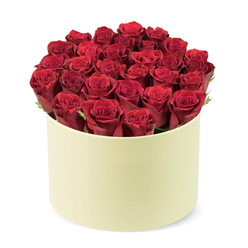 Imagine a red-romance rendered in velvet: two dozen or more crimson roses, their velvety petals tightly furled, nestled inside a pale cream hat-box with a soft matte finish. This design places the blooms in a round, symmetrical dome that fills the entire container, while dark-green foliage threads between the heads to offer a delicate, organic contrast. The box's ivory tone highlights the flowers, creating a contemporary yet timeless look that reads as luxury. Viewed from an elevated three-quarter angle against a pristine white backdrop, the arrangement feels sculptural, almost architectural in its precision. The fragrance is lush and inviting-a clear, quintessential rose scent that could perfume a room as soon as the box is opened. It is ideal for romantic milestones, intimate anniversaries, or heartfelt Valentine's gestures, delivered with care to a Queensbury home or flat near the tube. This piece showcases handcrafted arrangement and packaging that speak to quality and reliability, with same-day delivery available across Queensbury and the surrounding streets for those last-minute surprises. A gift of such refinement carries a sense of lasting appreciation, a statement of devotion crafted by a local florist who understands the rhythms of the neighbourhood.