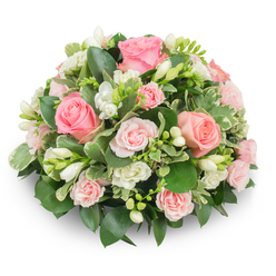 Presented in a perfectly rounded, cushion-like form, this floral piece combines classic soft pink roses with slender white freesia to create a composed, peaceful impression against a stark white surface. The roses are the dominant visual note-some large and fully unfurled with sumptuous, velvety petals curling outward, others smaller spray varieties in paler pink that build density and rhythm across the dome. Between them, pure white freesia punctuates the design: delicate trumpet-shaped blooms and tight, elongated buds that hint at unfolding fragrance. The greenery is abundant and varied; deep, glossy leaves provide weight and depth while variegated foliage with cream-edged margins offers bright punctuation and a slight, natural variegation. The overall texture is lush yet controlled-petals appear soft to the touch, leaves smooth and slightly waxy, and the arrangement casts a gentle shadow that emphasizes its three-dimensional roundness. The bouquet conveys a steady elegance that is suited to reflective moments-funeral tributes, celebration-of-life services, or as a consoling gesture to a grieving family. Imagining delivery along Queensbury High Street and into neighbouring streets around Kingsbury and Wembley, the scent, look, and craftsmanship read as quietly reassuring: a carefully balanced sympathy piece that honours memories while offering comfort through familiar, comforting florals. The lighting accentuates the delicate pinks and pure whites, making this arrangement feel like a calm, personal message from a local florist's hands.