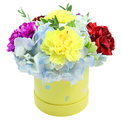 As an experienced local florist serving Queensbury and the surrounding streets near the Jubilee line, I arranged this overflowing, round flower box to feel like a tiny celebration in hand. The hatbox is a tender lemon-yellow, trimmed with playful pastel dots in baby blue, blush pink and mint green; these little egg-like marks soften the gift for springtime occasions and family fêtes. From a slightly elevated viewpoint you see two prominent, ruffled yellow carnations at the heart-vivid, almost lemon-bright, their layered petals offering a soft, clove-like perfume. Around them, clusters of powdery periwinkle hydrangea form a generous, cushiony bed, each small floret showing hints of white or paler blue that add air and depth. A deep magenta carnation on one side introduces a confident, jewel-toned accent, while a rich crimson bloom on the opposite side adds velvety warmth and visual balance. Slender pieces of green filler foliage peek through, giving the arrangement a fresh, garden-picked quality. The presentation reads as both playful and refined, suited to birthdays, new babies, or a heartfelt thank-you delivered across Queensbury, Kingsbury and Wembley Park. Prepared carefully for local delivery by Flower Delivery Queensbury, this boxed bouquet combines bright color contrasts and soft textures so it arrives as a compact, fragrant token of affection-portable, elegant, and immediately uplifting in any modest London living room or hospital bedside.