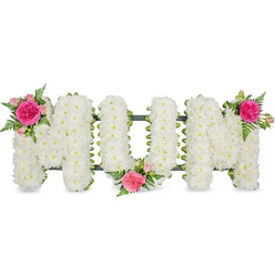 A large, traditional sympathy tribute spelling out MUM in bold block letters is shown floating on a clean white background, as if carefully set out in a peaceful chapel somewhere near Queensbury station. Each letter is completely covered in tight clusters of pristine white spray chrysanthemums, their small, rounded petals overlapping so closely that they form a plush, quilt-like texture. The flowers sit slightly raised from a discreet dark green frame or ribbon that peeks out around the edges, lending a subtle outline and a gentle sense of order, like neatly tended plots in the quiet corners of nearby cemeteries. The surface of the chrysanthemums catches the light so that tiny shadows gather in the recesses between blooms, suggesting softness that invites a lingering touch. Against this calm expanse of white, three coordinated clusters of colour provide warmth and personality. On the top-left shoulder of the first M, a rich fuchsia garden rose opens fully, surrounded by lighter pink spray roses and elegant fern foliage that arcs delicately over the chrysanthemums. At the bottom centre of the U, another matching cluster sits like a small, comforting embrace, while a final group of the same fuchsia and pink roses with feathery green ferns accents the top-right of the second M. These touches of colour feel like remembered smiles, echoing shared stories and gentle moments at family gatherings around Queensbury. The entire design conveys deep affection, respect, and remembrance for a mother, an eloquent floral farewell suitable for funeral services, visitations, or a graveside tribute.