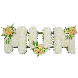Set against a bright, uncluttered white background, this carefully crafted funeral tribute forms the word MUM in large, upright block letters, each one built from a dense bed of white spray chrysanthemums. The flowers are arranged so closely that they create an almost quilted surface, with their tiny petals overlapping to form a soft, pillowy texture that hints at comfort and peace. The brightness of the white blooms is gently framed by a narrow, dark green edging, probably a ribboned frame, that traces the outline of each letter and gives the design clear definition. Three delicate accents of colour warm the composition: clusters of soft peach and blush pink roses, some fully open and some in tight bud, are placed at three key points. One cluster rests on the upper left angle of the first M, another is tucked tenderly into the base of the U, and the third sits gracefully at the top right of the final M. Around each group of roses, a mix of lush greenery, including fine fern fronds and broader glossy leaves, adds depth, texture, and a natural sense of movement. The tribute feels still and contemplative, a loving message of remembrance for a much-loved mother. It evokes the kind of thoughtful arrangement a local florist in Queensbury might prepare for a service at a nearby chapel or cemetery, created with the quiet intention of bringing a little beauty and solace to grieving families as they gather to say their final goodbye.