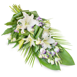 A serene funeral floral spray is shown on a clean white background, its elegant, flowing shape running diagonally like a gentle stream of white and green. The arrangement begins with a gathering of white oriental lilies, some open in full, star-shaped splendour, others half-unfolded or still closed, suggesting moments of memory at different stages of life. Between the lilies, white lisianthus blooms float softly, their frilled petals brushed with a delicate lavender tint at the edges, like the softening sky over Queensbury at dusk. Numerous buds and side shoots weave through the main flowers, giving the tribute a sense of movement and quiet, living energy. Around this heart of blooms, lush foliage forms an embracing cradle: broad, dark green leaves provide a deep, velvety backdrop, while a selection has been artfully curled and rolled, showcasing the florist's practiced hands and eye for detail. From the lower side, slender palm-style fronds extend outward and down, reinforcing the elongated, tapering silhouette often chosen for casket sprays and memorial sheaves. The textures shift gently from the waxy smoothness of the lilies to the whisper-soft lisianthus petals and the firm, slightly ribbed leaves beneath. It feels like an arrangement you might see carried with care into a service in the Queensbury area, perhaps after being prepared that morning by Flower Delivery Queensbury for same-day delivery to a local chapel or family home. Overall, the piece radiates understated elegance and deep respect, a floral expression of sympathy designed to offer comfort and quiet beauty at a final farewell.