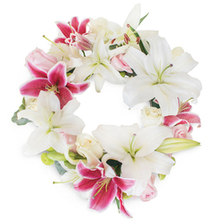 A sumptuous wreath unfolds in a graceful circle, evoking both peace and remembrance as if crafted especially for a service near Queensbury's Stag Lane or Church Lane. Dominating the arrangement are snowy white lilies-some softly open, others still holding promise in elongated buds-each petal capturing the gentle caress of morning light. The striking contrast of vivid fuchsia-pink lilies draws the observer's gaze, their bold magenta and scattered darker speckles symbolising love and the vibrancy of shared memories cherished within Queensbury's close-knit streets. Among this abundant frame, clusters of pale blush and creamy white roses are artfully placed, their tightly curled petals offering a soft, almost silken texture that tempers the lilies' drama with a note of quiet comfort. Subdued eucalyptus and verdant foliage weave in and out, sculpting the wreath's edges and adding a fresh, woodland undertone reminiscent of local gardens and parks. The entire design forms a seamless, harmonious loop-a poetic statement of continuity and enduring affection. Crafted by an experienced local hand, this wreath is a fitting tribute for memorials, celebrations of life, or condolence offerings across the Queensbury area, intended to express deep sympathy and loving remembrance at moments when words are not enough.