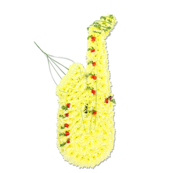 This image shows an exquisite floral saxophone tribute, designed with the care and precision you might expect from a long-established Queensbury flower shop preparing a final farewell. Set against a plain white backdrop so every detail stands out, the saxophone's entire form is built from tightly packed lemon-yellow chrysanthemums. Each blossom is placed close enough that the petals almost blur into a single, feathery surface, yet you can still sense the individual flower heads and the slight variation in tone where light brushes across the blooms. Following the gentle S-curve from the mouthpiece down to the bell, the flowers mimic the instrument's polished brass body with a warm, sunny glow. Marking the keys, tiny red rosebuds and small clusters of spray roses punctuate the yellow, their velvety petals creating a vivid contrast, like notes picked out along a musical phrase. Thin strands of looping greenery, possibly ivy or soft trailing foliage, weave along the edges and dips of the design, especially around the curved neck and open bell, as if tracing the airflow of a melody. Near the top, subtle green and silver wires emerge discreetly, suggesting the internal framework that keeps the tribute upright without distracting from the illusion. The arrangement feels deeply personal and tender, ideal for a funeral service or memorial in Queensbury, perhaps for someone who played in local bands or simply loved listening to jazz on quiet evenings. It carries a sense of storytelling and celebration, like a piece of music offered in flowers to accompany a final goodbye.