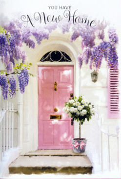In this romantic entranceway that could easily belong to a quiet street off Queensbury Circle, a painted pink front door becomes the heart of a tender housewarming moment. The door's blush tone is soft rather than bold, with the kind of hand-brushed finish that suggests care and thought, and its surface catches the mellow afternoon light in gentle, painterly strokes. Above and around it, wisteria hangs in billowing cascades of lavender, mauve, and soft purple, dripping over the lintel like a floral waterfall. Each flower cluster seems to sway lightly in an unseen breeze, filling the imagined air with a sweet, powdery fragrance that drifts out towards the pavement. The surrounding walls are whitewashed and calm, their simplicity allowing the pastel colours to sing without distraction. To one side, a shutter painted in a complementary blush balances the doorway, adding to the cosy, storybook charm so beloved by Queensbury homeowners. At the base of the door, on the worn stone doorstep, sits a stylish tin bucket in a muted grey tone, overflowing with creamy white roses arranged with florist precision. The roses are full and velvety, some just opening, others at perfect bloom, interwoven with fresh green foliage that spills out softly at the edges. A pink satin ribbon is tied carefully around the bucket, its sheen catching the light and echoing the pink door above. The scene, imagined as a new home delivery arriving from a trusted local florist, radiates hope, warmth, and the quiet pride of finally having a place to call your own in Queensbury.