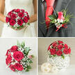 A detailed four-panel collage captures a coordinated red-rose and baby's breath wedding theme, the kind often chosen by couples marrying in and around Queensbury who want something classic yet striking. In the top-left scene, a bride in a soft white lace gown holds a round, densely packed bouquet made almost entirely of deep red roses, their velvety petals spiralling tightly together. Between the blooms, delicate tufts of white baby's breath and glimpses of fresh green foliage add lightness and texture, while the gentle lighting gives the flowers a romantic glow, as if moments before walking down the aisle. In the top-right panel, attention shifts to the groom's boutonniere pinned on a dark grey suit jacket, paired with a crisp white shirt and bold red tie. The miniature arrangement repeats the bridal palette: a single red rosebud edged with white gypsophila, slim pointed leaves, and fine strands of decorative grass, finished with a small red satin bow that sits tidily just above the pocket, ideal for close-up photos taken on Queensbury's streets or outside a nearby registry office. The bottom-left image shows another rounded bouquet resting on a light grey textured surface, its open roses and generous sprays of baby's breath bound at the stems with red-and-white striped twine, underscoring the hand-tied craftsmanship and secure finish needed for a full wedding day. In the bottom-right, a charming reception centerpiece features a compact dome of red roses and white baby's breath rising from a spherical white vase made of interlaced strands, rattan-like and airy. Two smaller, natural-toned woven spheres sit in front, echoing the lattice texture and tying together a cohesive, romantic décor style perfect for local wedding breakfasts or evening receptions.
