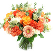 A sunlit, hand-tied bouquet sits upright against a pristine white background, its colours like a small, portable sunrise. Warm oranges, soft peaches and glowing golden yellows form the heart of the arrangement: fully opened roses in deep fiery orange and sunlit gold, their spiralled petals unfurling with confident, velvety texture. Plush coral carnations weave between them, their ruffled, scalloped edges adding a tactile, cloud-like fullness, while peach-pink gerbera daisies present open, joyful faces-some with recessed yellow-green centres that catch the eye. Scattered throughout are tiny white accent blooms, delicate as freesia or waxflower, which lift the palette with bright, clean highlights and a faint sweet scent that the roses gently echo. Sprays of pale green, astrantia-like filler lend a feathery, almost ephemeral layer of texture, and rounded eucalyptus leaves in muted grey-green are tucked throughout to cool and ground the composition. The stems are gathered and neatly tied at the base, a clear sign of a freshly assembled hand-tied design ready for a simple vase or immediate presentation. Soft, natural light accentuates the petals' sheen and the subtle contrasts between satin rose petals and the matte frills of carnations, suggesting a bouquet that radiates warmth and gratitude. As a local Queensbury florist might say, this arrangement is perfect for a birthday laid on a kitchen table near Canons Park, a thoughtful anniversary gift collected from the high street, or a bright get-well gesture to lift someone's spirits after a short trip to the local shops. It reads as friendly, celebratory, and intimately made, inviting touch, scent and smile in equal measure.