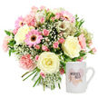 A graceful, love-themed gift set is carefully arranged against a bright white background, capturing the feeling of a special delivery arriving at a Queensbury doorstep. On the left, a rounded hand-tied bouquet overflows with soft, romantic colours. At its heart, cream roses unfurl in layered spirals, their petals thick and satiny, lending the design a classic, almost timeless elegance. Surrounding them, soft blush pink carnations with gently ruffled edges add a cosy, comforting texture, while bold pink gerbera daisies, each with a prominent dark brown centre, bring lively energy and a contemporary touch. Threaded throughout are trumpet-shaped white alstroemeria, delicately slecked with reddish-brown markings, and fine sprigs of white gypsophila that seem to float like tiny clouds between the larger blooms. Subtle green foliage peeks out from within the bouquet, giving a fresh, garden-picked impression reminiscent of weekend walks through nearby open spaces and residential streets in Queensbury. The tied stems are visible below, showing the craftsmanship behind the arrangement. To the right of the flowers sits a neat white ceramic mug, positioned upright with its handle slightly turned. Its design features a gentle watercolour pink heart, inside which the words WORLD'S BEST appear in straightforward black lettering, while Mum is written below in a flowing metallic gold script, almost like handwriting on a treasured card. The clean background and even lighting highlight every nuance of colour and texture, from the velvety rose petals to the glossy mug surface. Together, the bouquet and mug form a heartfelt, keepsake gift set, ideal for Mother's Day, a birthday, or simply surprising a mum in Queensbury with a visual embrace of love and appreciation.