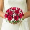 This image is the very essence of a romantic Queensbury wedding: a close-up, mid-torso view of a bride holding a classic round bouquet alive with the deep, velvety reds of fully bloomed roses. Each rose displays layers of richly pigmented petals, their lush fullness artfully arranged to evoke passion, warmth, and the enduring spirit of local celebrations. Between the blooms, delicate clouds of white gypsophila impart a whisper-soft texture, reminiscent of morning mists rising over Queensbury's communal parks, and perfectly offset the drama of the red roses. Sprigs of fresh green leaves peek from the bouquet's edge, adding natural movement and reinforce its hand-picked charm. The bride's manicured hands cradle the arrangement with care, the soft lines of her ivory gown-possibly adorned with subtle lace or embroidery-providing a backdrop that intertwines tradition with a sense of serene anticipation. A satin sash or fabric drape flows to one side, catching the diffuse, golden light that bathes the scene in a gentle, timeless glow. The background melts to a creamy blur, ensuring every floral detail shines with emotional clarity. Ideal for those exploring bridal bouquets or planning a wedding near Honeypot Lane or Roe Green Park, this image beautifully captures the artistry and romance cherished by Flower Delivery Queensbury's local wedding experts.