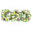 A large floral tribute spelling out DAD is shown in clear detail against a plain, bright white background, the kind of personalised funeral arrangement often delivered to services around Queensbury. Three separate letter shapes - D, A, and D - are placed side by side, each mounted on slim dark green bars that keep them aligned while remaining almost invisible from the front. The outer edges of the letters are shaped with lush fern foliage, the deep green fronds creating a soft, feathery frame that outlines the word and gives it structure. Inside this leafy border, the letters are densely filled with fresh white flowers: full-headed chrysanthemums and broad-petalled gerbera daisies that create a smooth, continuous surface of white, symbolising peace and remembrance. Interspersed throughout are small but vivid accents of colour: sunny yellow gerbera daisies and yellow spray roses that bring a gentle brightness, along with elegant purple lisianthus, touches of rich magenta or deep pink spray roses, and clusters of lavender-hued blooms. Bright green button chrysanthemums dot the design, adding a modern, playful contrast against the white and purple tones. The flowers are carefully angled to face forwards, so each bloom is clearly visible, and the lighting is even, allowing the textures of the petals and the shine of the greenery to stand out. It is easy to imagine this tribute placed at the front of a chapel near Queensbury Station or beside a memorial photo at a local wake, sending a clear visual message of love, loss, and appreciation for a father who meant the world to his family.