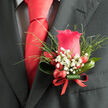 Viewed close up against a charcoal suit jacket, this wedding boutonniere presents a graceful balance of colour, texture, and sentiment, the sort often chosen by couples marrying around Queensbury and neighbouring streets. At its heart is a richly pink rose, the bloom opening in layered, velvety whorls that seem to glow softly even in gentle indoor light. Each petal curves with intention, giving the flower a sense of poise and quiet romance. Surrounding the rose, clusters of white gypsophila form a lacy halo, their tiny, cloud-like blossoms adding lightness and a hint of whimsy. Slender sprigs of bright green foliage peek out at varied angles, introducing a natural, just-picked feel, as if the boutonniere were gathered from a garden not far from Queensbury Park. Tucked neatly alongside, red hypericum berries shine with a polished finish, their rounded shapes offering a cheerful contrast to the feathery gypsophila and smooth rose petals. At the base, the design is encircled by a loop of glossy green leaf, which frames the flowers and echoes the crisp lines of the suit lapel. A fine red ribbon is wrapped with care around the stems, its satin texture catching the light and anchoring the piece with a discreet flourish of celebration. The arrangement feels intimate and meaningful, ideal for a groom, best man, or prom guest arriving at a local venue, capturing the anticipation of cherished moments while remaining elegantly understated.
