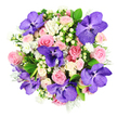 Captured from directly overhead, this full, symmetrically rounded bouquet seems to float on a spotless white background, drawing attention to its interplay of bold colour and soft romance. Dominating the composition are several sumptuous Vanda orchids, each one a deep, jewel-toned purple with intricate darker violet veining that creates a mesmerising, mottled effect. They appear almost luminescent against the surrounding pastel hues, giving the arrangement a distinctly luxurious, contemporary edge. Encircling these orchids is a generous cluster of roses in varying pink tones, from whisper-soft blush to gentle pastel, with a scattering of creamy, nearly ivory blooms to add light and dimension. The roses display different stages of opening, from tightly swirled centres to fully unfurled blossoms, contributing to the bouquet's rich, layered texture. Between these larger flowers, tiny white cluster blooms peek through, lending a dainty, airy quality, as though a fine mist of blossoms had settled over the arrangement. Creamy hypericum berries, round and bead-like, punctuate the design and offer a pleasing contrast of form. All of this is cradled in a bed of mixed greenery: smooth, glossy deep green leaves anchor the bouquet, while soft, silvery-green foliage threads through, adding a cool, elegant softness. The overall effect is of an opulent yet tender floral piece, perfectly suited to celebrations that matter-an intimate engagement dinner, a cherished anniversary, or a heartfelt thank-you delivered to a doorstep in Queensbury. It feels like a floral snapshot of joy, crafted with the steady hand of a local florist who understands both style and sentiment.