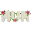A refined floral arrangement spelling MUM in bold capital letters appears centred on a plain white background, its simplicity allowing every petal to stand out. Each letter is densely composed of small, pristine white blooms-most likely spray chrysanthemums-meticulously placed until not a hint of the underlying base is visible, creating a softly domed, pillow-like surface. The white petals reflect the light gently, giving the tribute a calm, luminous presence that feels both reverent and comforting. Beneath the flowers, a dark green framework or ribbon traces the lower contours of the letters, providing definition and structure while echoing the deep greens of nearby parks and gardens around Queensbury. Three coordinated sprays of colour interrupt the expanse of white in a deliberate, balanced rhythm. On the upper left arm of the first M sits a cluster featuring a vibrant fuchsia rose surrounded by smaller pink rosebuds and sprays, edged with airy fern fronds that introduce fine, feathery texture. The lower centre of the U holds a similar floral accent, like a small, tender heartbeat at the centre of the tribute, and the upper right corner of the final M carries the third, completing the visual journey from left to right. The interplay between the serene white chrysanthemums and the rich pink roses suggests love, remembrance, and gratitude for a cherished mother. This arrangement would feel at home in a quiet chapel, family living room, or crematorium service around Queensbury, offering a floral message of farewell that is both personal and dignified.