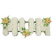 A long, horizontal floral tribute spells out the word MUM in large, elegant capital letters, displayed clearly against a bright white background that highlights the craftsmanship of the design. The entire surface of each letter is cloaked in densely packed white spray chrysanthemums, their countless miniature petals forming a thick, comforting layer of bloom. This continuous sweep of white creates a soft, almost cloudlike texture, evoking peace and a sense of gentle farewell. Along the outer contours and between the petals, a slim dark green frame or ribboned base can be glimpsed, neatly defining the shapes and supporting the weight of the flowers. Three carefully placed accents of colour soften the stark whiteness: clusters of soft peach and blush-toned roses, some fully open and others still in bud, appear at the upper left of the first M, the base of the U, and the upper right of the final M. These roses, surrounded by sprigs of fresh greenery including light, feathery fern fronds and broader, richer leaves, introduce warmth and dimension, drawing the eye gently across the tribute from left to right. The colours are delicate yet reassuring, echoing emotions of love, remembrance, and gratitude for a mother's care. The arrangement feels like a personal, thoughtful farewell, similar to the bespoke funeral flowers often chosen in Queensbury for services held in local chapels or crematoriums, where families gather from nearby streets and parks to celebrate a life lived with quiet strength and devotion.