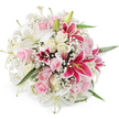 A lush, rounded bouquet of lilies, roses, and baby's breath is captured from slightly above against a spotless white background, every flower crisply defined as if resting on a florist's counter just off Queensbury Underground station. The central focus comes from tall white lilies, some fully open with elegant, trumpet-shaped blooms, others still partway in bud, their petals gently parting to reveal soft green throats and delicate stamens dusted with pale pollen. Interwoven among them are plush roses in two main shades: a gentle blush pink that suggests romance and sweetness, and a creamy white that brings a sense of purity and calm. Each rose shows its own character, from tightly wrapped buds to wide, layered blossoms with velvety petals that appear almost touchable. Adding sparkle and a sense of drama, several fuchsia and deep magenta Oriental lilies punctuate the design, their petals stippled with darker specks and arching gracefully outward, creating depth and movement. All around, sprays of fine white gypsophila thread through the arrangement, softening the spaces between larger blooms and casting a delicate, lace-like veil across the bouquet. Hints of fresh green foliage and stems peek out at the edges, grounding the flowers and suggesting a freshly hand-tied finish crafted by an experienced local florist. The bright, even lighting highlights the vivid colours and layered textures, giving the bouquet a fresh, just-delivered look, like a thoughtful gift arriving at a home near Mollison Way or a celebration venue in Queensbury for birthdays, engagements, or heartfelt thank-you messages.