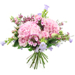 This photograph shows a full, rounded bouquet of pink hydrangeas and roses arranged in a loose, garden-inspired style against a pure white background, capturing the serene yet joyful spirit of a fresh flower delivery in Queensbury. Two voluminous heads of blush hydrangea create the main focal points, their countless tiny petals forming fluffy, cloud-like domes that invite the imagination to linger. Tucked among them are light pink roses, some perfectly open with their classic swirling centres on display, others still shy and closed in bud, hinting at the unfolding of future beauty. From between these larger blooms, multiple slender stems of bell-shaped, lavender and lilac-purple flowers emerge, reminiscent of campanula or other bellflowers, their delicate silhouettes adding height, airiness, and a touch of whimsy. Smaller tufts of intense fuchsia and deep rose-pink filler blossoms are scattered throughout the design, giving texture and a gentle, sparkling contrast that prevents the pastel tones from ever feeling flat. A collar of fresh green foliage and slim budding stems holds the bouquet together, bringing a natural rhythm and framing the softer colours with vibrant life. The neatly gathered and trimmed stems at the base reveal that this is a hand-tied arrangement, ready to be placed into a favourite vase in a flat near Queensbury Underground or a family home close to Silver Jubilee Park. Soft, romantic and quietly celebratory, the bouquet feels perfect for expressing affection, offering thanks, or sending a thoughtful touch of spring to brighten someone's day in and around Queensbury.