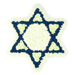 A meticulously arranged Star of David sympathy tribute fills the frame, its six points rendered with remarkable clarity in white and deep blue flowers. The entire star is edged with a thick, cloud-like outline of white chrysanthemums, forming a soft halo that curves around every point and angle. Within that snowy border lies a central hexagon, also densely filled with white blooms, giving the piece a luminous centre that feels quietly hopeful, as though lit from within like the calm interiors of local synagogues around Queensbury and Edgware. Radiating outward from this core, each arm of the star is composed of tightly clustered navy-blue flowers, their intense colour adding gravitas and drawing a respectful contrast against the surrounding white. At the base of each outward-pointing tip, a smaller inner triangle of pure white emerges from the blue, creating a repeating motif of white within blue that visually anchors the design and reinforces the sacred geometry. The flowers sit closely together, so no gaps in the shape appear, speaking to the professional skill and patient placement behind the tribute. The background is completely plain and bright, highlighting the strong lines and rich colour without distraction. Though the photograph is simple, the emotional resonance is clear: this is a Jewish funeral or memorial arrangement, designed to accompany prayers and memories during services or shiva visits across Queensbury and nearby Burnt Oak, offering a message of peace, cultural identity, and loving remembrance through the language of flowers.