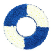 This image presents a lifebuoy-style floral wreath, a thoughtful funeral tribute captured against an immaculate white backdrop so that every detail of the design is easy to imagine. The shape is a perfect circle with a clear opening at the centre, unmistakably echoing the form of a life ring used at sea. The entire ring is covered with densely packed small blooms, likely chrysanthemums, their many petals forming a soft, plush surface. The flowers are arranged in four equal quadrants that alternate in colour: two segments in a dark, royal blue and two in a bright, clean white. The blue areas, placed at the top left and bottom right, feel deep and reflective, like still water at dusk, while the white areas at the top right and bottom left glow with a quiet, reassuring brightness. The transitions between colours are sharp and deliberate, showing a florist's steady hand and attention to geometry. Around the inner edge, a narrow dark blue ribbon is gathered into tiny ruffles, tracing the inside of the circle and reinforcing the sense of a maritime safety ring without overwhelming the flowers themselves. There are no additional adornments, greenery, or wording, giving the arrangement a calm, uncluttered dignity that would sit beautifully at a memorial in or near Queensbury, perhaps in a chapel of rest or at a local crematorium. The wreath carries themes of rescue, gratitude, and remembrance, making it a fitting tribute for someone whose life was connected to the sea, to lifeguarding or rescue work, or who simply offered steadfast support to the people around them.