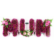 Displayed against a clear white background, this three-dimensional floral tribute spells MUM in substantial, block-style letters that immediately command attention while still feeling soft and heartfelt. Each letter is meticulously covered with hundreds of tightly packed blooms in shades of deep pink and magenta, likely chrysanthemums or small-headed carnations, creating a velvety, consistent texture across the whole surface. Subtle hints of green at the flower centres lend a gentle brightness that keeps the arrangement fresh and uplifting. The edges of the letters are finished with a delicate, pale pink ruffled ribbon, its gathered folds adding a gentle, almost fabric-like softness and framing the flowers with a refined outline. At the outer top corners of the two Ms sit graceful clusters of lighter pink roses, some open and some in bud, nestled among soft green foliage and fern fronds, offering a beautiful contrast in both colour and form. At the base of the U, a modest but poignant mini-posy of pale pink roses, creamy white blossoms, and greenery is tucked into the curve, as if someone has placed a small bouquet there by hand. The design feels composed and serene, with each element carefully positioned to convey love, gratitude, and remembrance. This is the sort of personalised sympathy tribute often chosen by families in Queensbury who want a meaningful floral arrangement to say goodbye to a mother or grandmother, whether for a church service, crematorium farewell, or a quiet graveside commemoration.