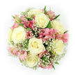 A perfectly rounded bouquet of white roses, pink alstroemeria, and baby's breath is captured from overhead against a spotless white background, creating a sense of calm, refined romance. The roses, around eight in number, are fully open and exquisitely formed, their creamy ivory petals curling outward in soft spirals that suggest both delicacy and strength. They sit like luminous focal points within the design, reminiscent of the quiet elegance you find tucked away in the gardens and terraces around Queensbury. Interlaced with the roses, stems of alstroemeria introduce a tender blush of colour; their pink petals, etched with deeper rose streaks and warmed by hints of peach near the centers, add a lively yet gentle contrast. These Peruvian lilies, with their multiple florets on each stem, bring a dynamic, almost dancing quality to the otherwise symmetrical bouquet. Enveloping and threading through all the larger blooms is a filigree of white Gypsophila, or baby's breath, whose countless miniature blossoms create an ethereal, cloud-like halo. This delicate filler softens the transitions between flowers and lends the arrangement a dreamy, almost weightless quality. Small glimpses of glossy green foliage appear at the edges, harmonising the palette and grounding the airy whites and pinks. The lighting is soft and diffused, highlighting the natural textures-from the satin-like rose petals to the feather-light Gypsophila-without casting harsh lines. Crafted with the practiced care of a local Queensbury florist, this bouquet would be perfectly at home as a wedding posy, a gentle anniversary surprise, or a thoughtful delivery to bring light and tenderness into someone's day.