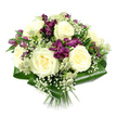 A lush hand-tied bouquet is photographed against a clean white background, its shape compact and rounded, suggesting the work of an experienced local florist carefully arranging each stem in a quiet Queensbury workshop. At the centre, a generous cluster of creamy white roses forms the heart of the design; their fully opened blooms reveal intricate spirals of velvety petals that convey a sense of softness, serenity, and timeless elegance. Woven between them, deep purple and magenta alstroemeria add rich, jewel-toned colour, their trumpet-shaped flowers and fine streaked patterns giving the bouquet a dynamic contrast that feels both romantic and refined. Throughout the arrangement, airy sprigs of white baby's breath form a light, cloud-like haze, gently blurring transitions between blossoms and lending a dreamy, almost floating quality to the overall composition. Tucked discreetly among the main flowers, pale green-white astrantia introduces delicate starburst shapes and interesting texture, echoing the intricate beauty of plants found in local gardens around Queensbury and along nearby streets. Encircling the base, wide, glossy aspidistra leaves are elegantly folded into a smooth collar, their deep green surfaces providing a polished, architectural frame that enhances the sense of structure and professionalism. The hand-tied stems, neatly cut and aligned, peek out from beneath, ready to slip into a favourite vase or be presented as a sophisticated gift. With its harmonious mix of whites, purples, and greens, this bouquet feels ideal for marking an anniversary, expressing heartfelt thanks, celebrating a milestone, or offering gentle comfort, whether delivered to a home off Honeypot Lane or a quiet office near Queensbury Station.