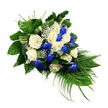 A dignified funeral sheaf in blue and white is shown on a stark white background, its form flowing from a broader, leaf-rich top left into a gently tapered point at the lower right. The central focus is a selection of roses in full bloom, about a dozen creamy white blossoms interwoven with a similar number of deep, saturated blue roses. The white roses appear soft and luminous, their rounded petals layered in creamy spirals, while the blue roses offer a bold contrast, drawing the eye along the length of the spray. Small clusters of white baby's breath drift between the larger blooms, their many tiny flowers adding a fine, cloud-like texture that softens the strong lines of the foliage.   

The greenery surrounding the roses is rich and varied, much like the mature planting found in Queensbury's residential gardens and local parks. At the upper-left, broad, glossy dark green leaves gather in a supportive cradle, suggesting stability and strength. Slender, feathery palm fronds unfurl from the lower-right corner and sweep outward, helping to create the classic elongated silhouette associated with sympathy sprays for church aisles, chapel services, and graveside farewells. Interwoven amongst the greenery are delicate hints of bluish-green eucalyptus-style foliage, their cooler tone harmonising gently with the blue roses. Carefully folded or banded leaves appear like soft, natural ribbons, adding an understated, tailored detail that hints at the florist's craft.   

The overall impression is one of quiet respect and heartfelt condolence, suitable for a memorial service or funeral in and around Queensbury. The combination of pure white and deep blue blooms symbolises peace, remembrance, and enduring love, making this floral tribute a comforting presence during moments of grief and reflection.