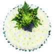 This image shows a round funeral cushion viewed from directly overhead, its whole surface densely covered in white chrysanthemums that look soft and pillowy, like fresh snow laid carefully in a perfect circle. Each small bloom has fine, layered petals and a subtle green centre, adding a hint of warmth to the otherwise pure white expanse. The outer edge is framed by a rich emerald green satin ribbon, folded meticulously into ruffled pleats that create a decorative, almost fabric-like border, giving the tribute a polished, traditional feel that suits quiet gatherings in and around Queensbury. At the heart of the cushion sits a striking cluster of vivid greens and cool blues. A single lime-green spider chrysanthemum unfurls its long, slender petals, giving a sense of energy and movement. Around it gather shiny apple-green Hypericum berries and compact green button chrysanthemum heads, their round forms echoing the shape of the cushion itself. Fern fronds and deep green foliage thread through the centre, adding feathery textures and shadows. Tucked confidently among the greenery are two Scottish thistles in a soft steel-blue hue, their spiky, globe-shaped blooms bringing contrast and a clearly symbolic presence, often chosen by families with Scottish connections living near Queensbury Station or along Kenton Road. The balance of white, green, and blue creates an impression of peace, remembrance, and quiet pride. This chrysanthemum cushion serves as a beautiful sympathy or funeral tribute, carefully arranged by a local florist to help express condolences and honour a loved one's memory.