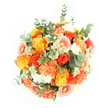 Seen from above, this hand-tied bouquet appears as a generous, rounded pool of warm colour resting on a pristine white surface, its richness heightened by the clear, even lighting. A medley of roses in deep gold, sunset orange, and tangerine tones takes centre stage, each flower layered with velvety petals that spiral inward, suggesting both abundance and quiet elegance. Between the roses, peach and soft orange carnations bloom in soft, frilled clusters, their ruffled forms adding depth and gentle movement across the arrangement. Gerbera daisies, recognisable by their flat, radiating petals and dark central eyes, contribute playful notes in light orange and peach, some with a whisper of pink at the core, like little bursts of happiness scattered across the bouquet. Tiny white and pale green filler flowers-likely astrantia or something similar-are tucked between the larger heads, offering delicate, starry accents that stop the composition from feeling too heavy. Around and among the blossoms, cool-toned eucalyptus leaves in rounded, silvery-green shapes mingle with fresh green foliage, wrapping the warm palette in a veil of calm. Set against the white background, every petal edge and leaf stands out cleanly, as if the bouquet were laid out in a bright Queensbury studio before heading out for local delivery. The overall impression is one of warmth, cheer, and careful craftsmanship, ideal for sending congratulations, sharing gratitude, or bringing a burst of colour and fragrance into a home or office anywhere in and around Queensbury.