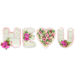 A meticulously crafted sympathy and love tribute spells out the message H E (heart) U against a pristine, brilliant white background, every letter and curve rendered in soft, tactile florals. The H and E and U are built from a dense, pillow-like bed of pure white chrysanthemums, their tiny petals forming a quiet, cloud-like texture that reads as both reverent and soothing. Each letter is edged with a ruffled satin ribbon in a delicate blush pink, the ribbon catching the studio light with a faint satiny sheen that frames the white with a whisper of warmth. Bright, fuchsia-pink roses punctuate the composition in three carefully placed clusters: one at the base of the H, another across the centre bar of the E, and a final pair nesting inside the lower curve of the U. These roses sit among slender, deep-green fern-like leaves and small clusters of reddish-pink berries, their glossy surfaces and peppery scent providing a lively counterpoint to the calming chrysanthemum. The central heart is a softer, more romantic field: pale pink carnations and spray carnations, touches of blush lisianthus or petite roses, and generous sprigs of pale green eucalyptus woven through to give cool colour depth and a subtle herbal scent. The heart is also trimmed with the same blush satin, tying the whole ensemble together. The overall effect reads as intimate and considered - a floral statement that balances purity and passionate colour, suited to a memorial service or a tender declaration of enduring love, presented with the sure hand of an experienced florist working in the Queensbury area.